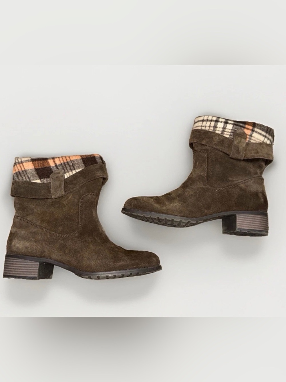 Charles David Khaki Brown Suede Ankle Boots with Plaid Cuff